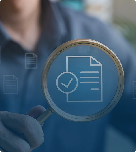 A magnifying glass examining and a document icon