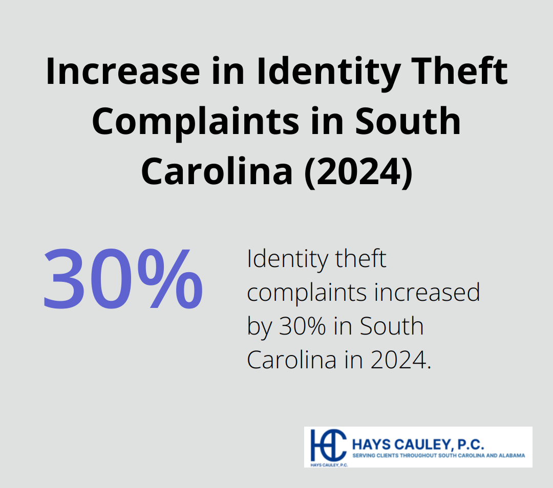 Pie chart showing a 30% increase in identity theft complaints in South Carolina in 2024 compared to the previous year