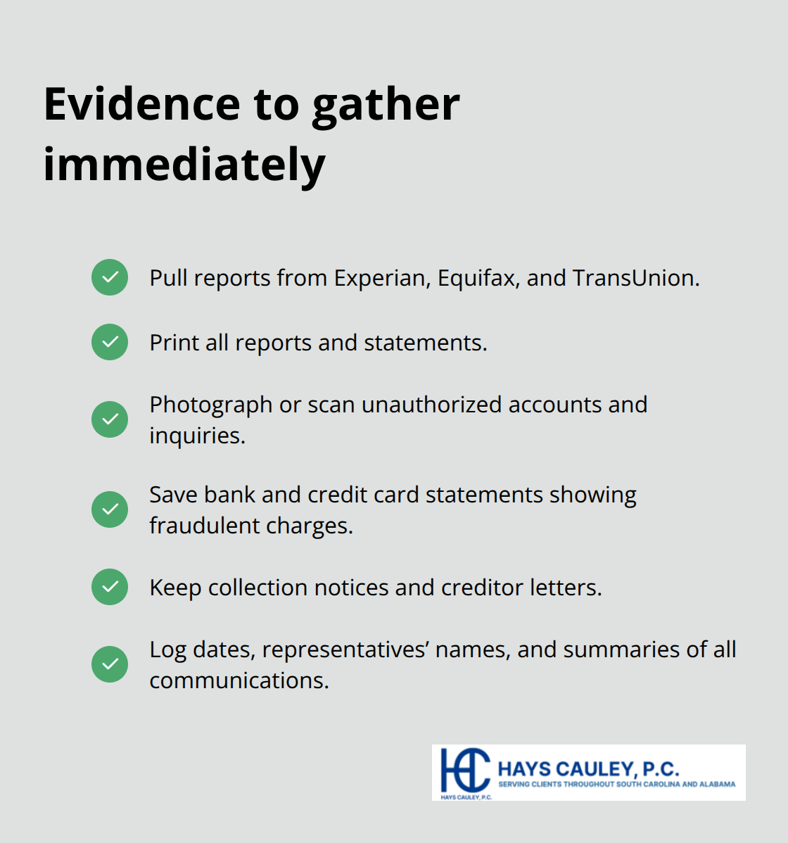 Checklist of documents and records to collect after suspected identity theft