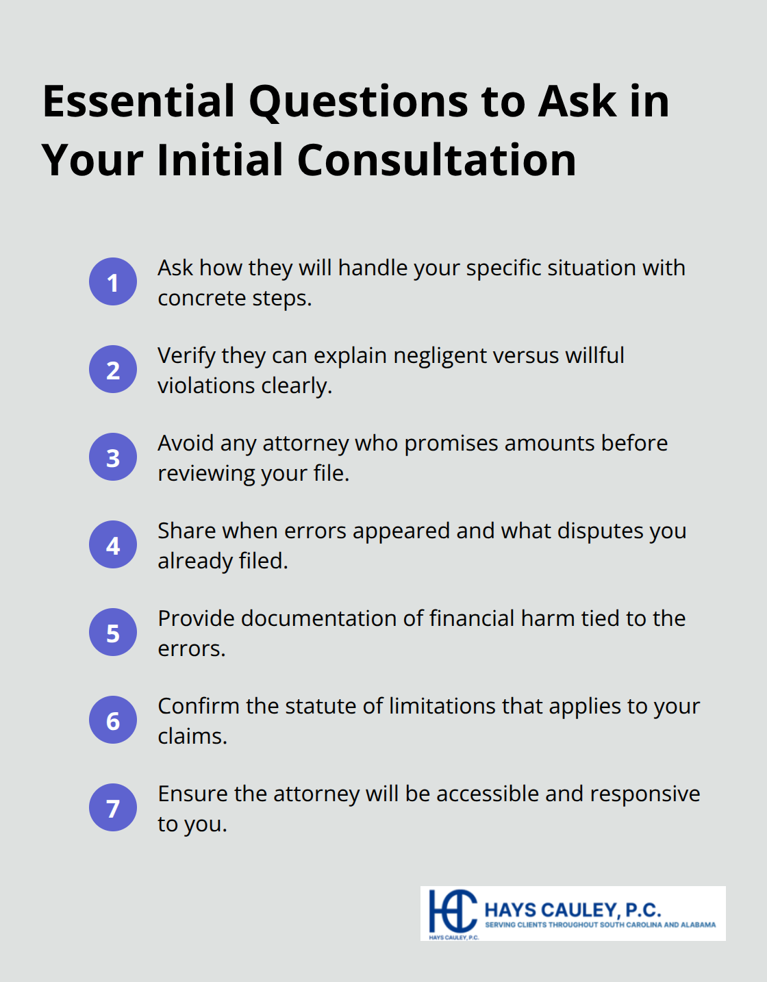 Compact checklist of key questions to evaluate a credit report attorney
