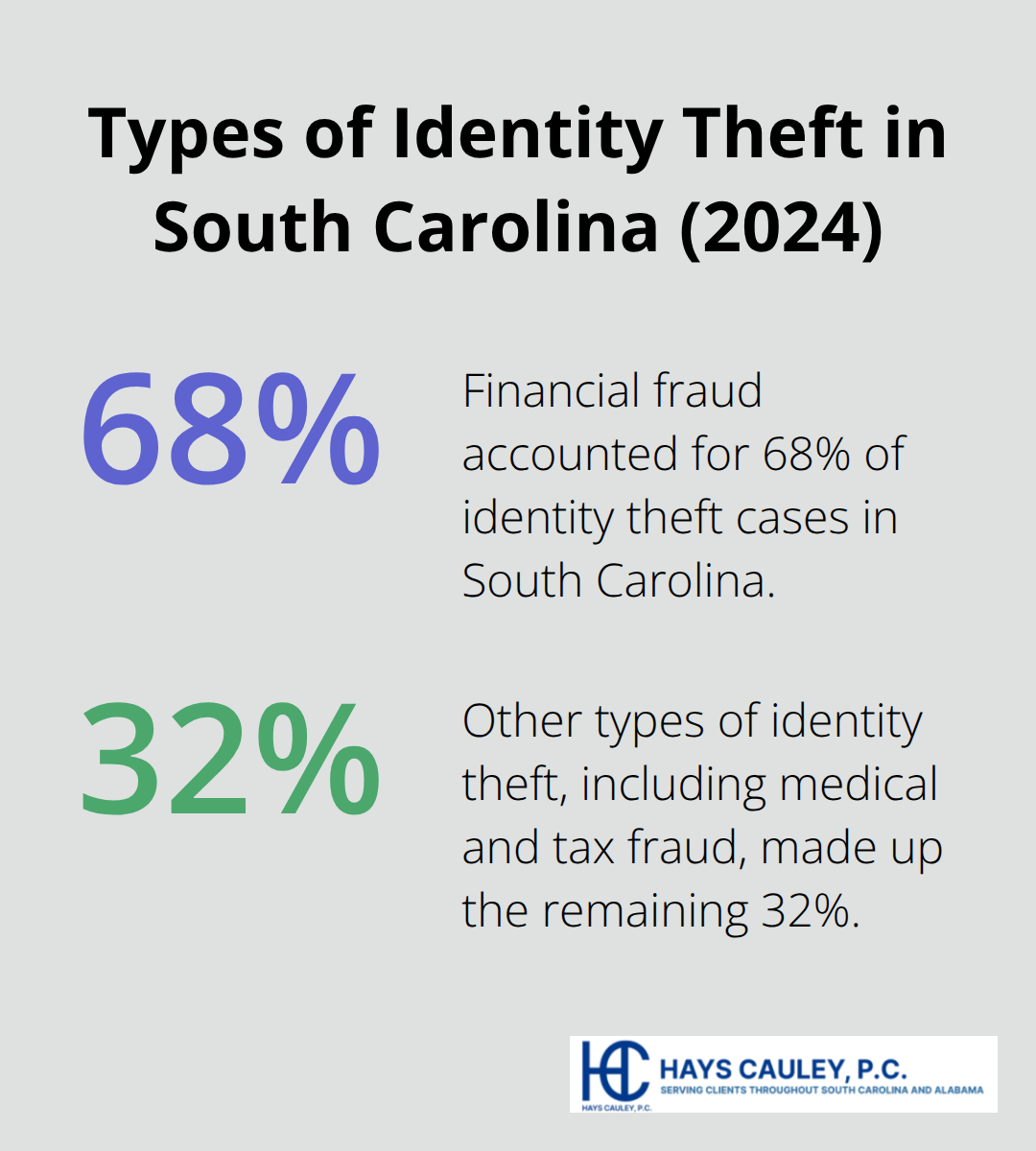 Pie chart showing the breakdown of identity theft types in South Carolina: 68% Financial Fraud, 32% Other Types