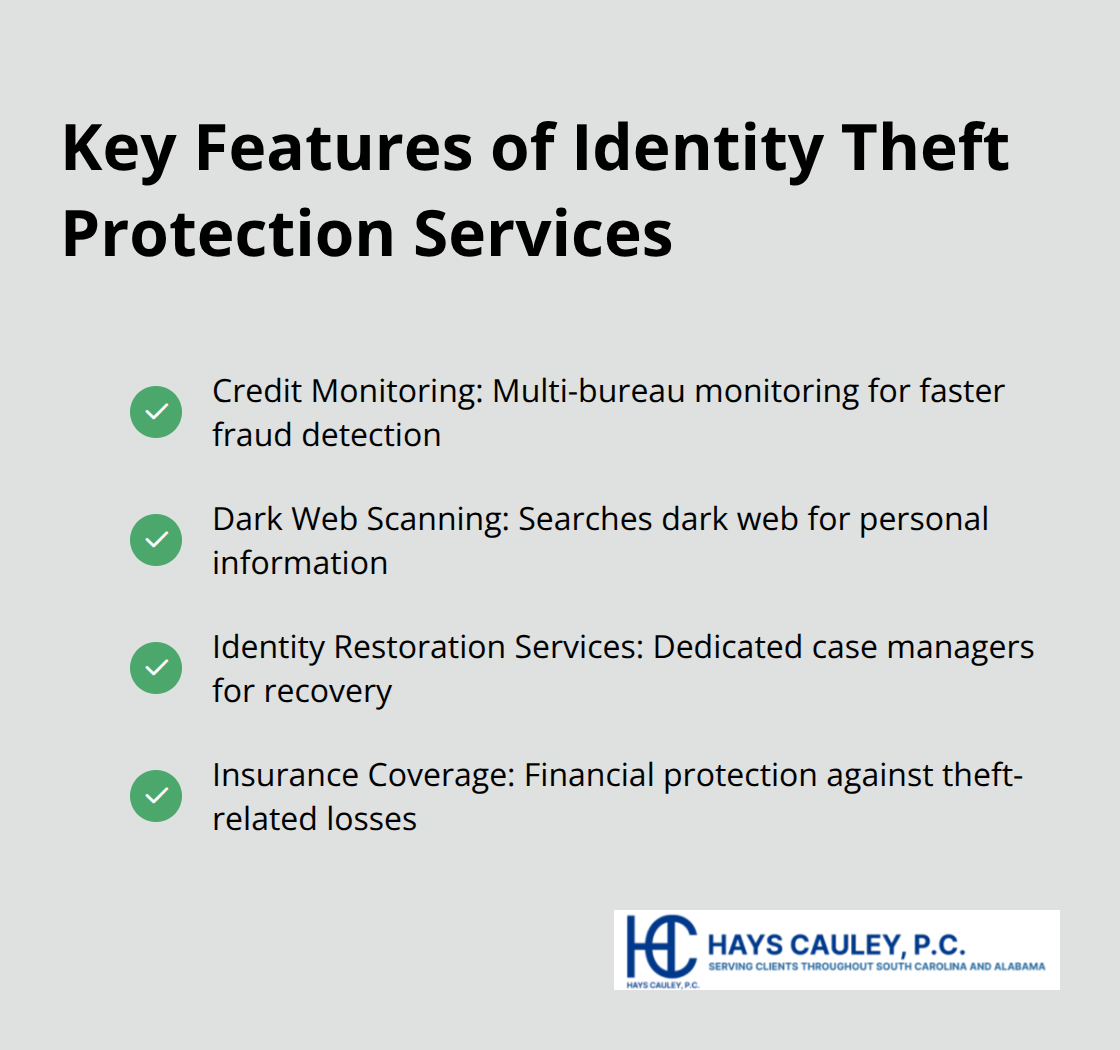 Checklist of essential features for identity theft protection services: Credit Monitoring, Dark Web Scanning, Identity Restoration Services, Insurance Coverage - best identity theft protection