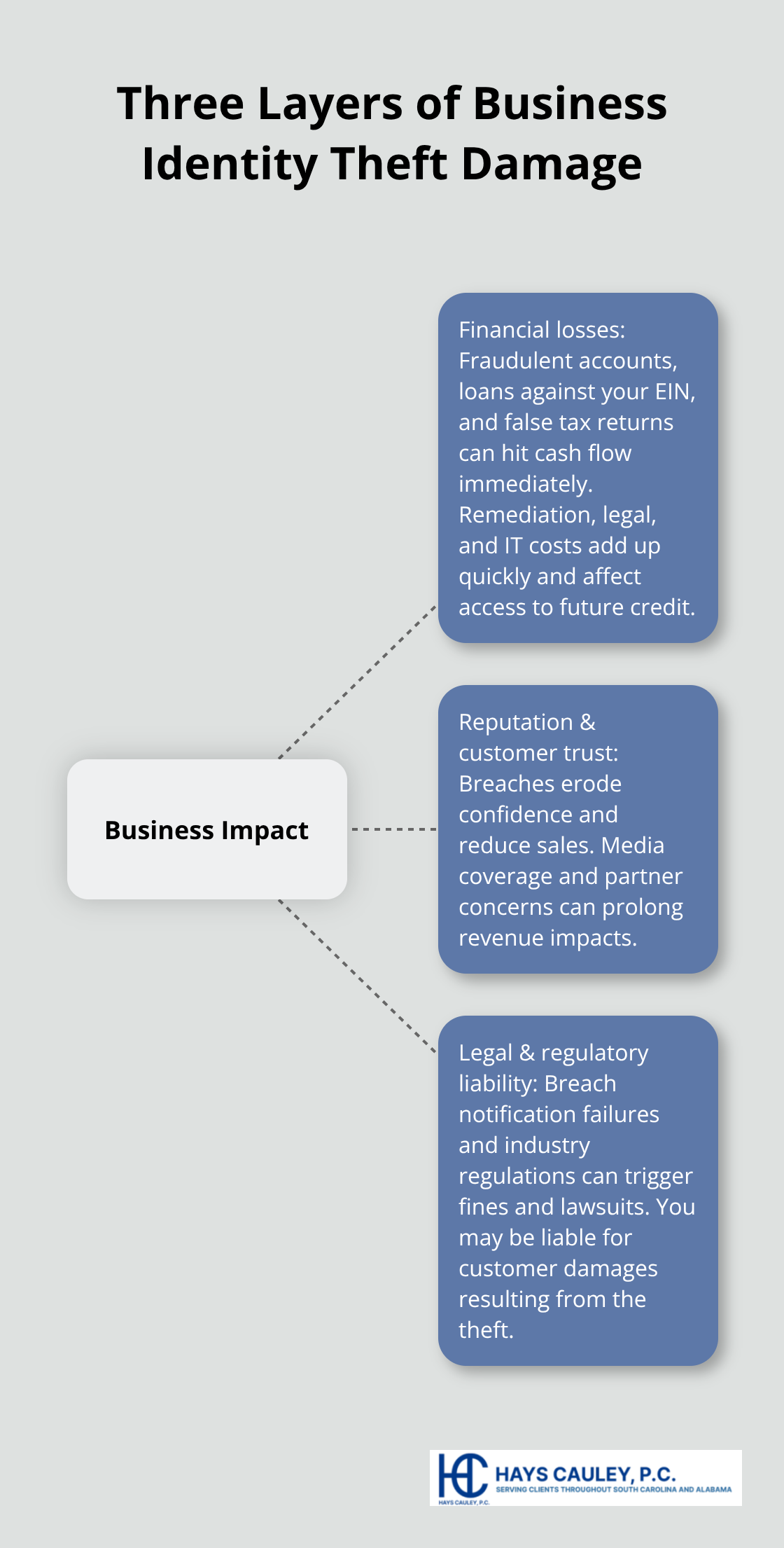 Visualization of financial, reputation, and legal consequences that impact businesses after identity theft