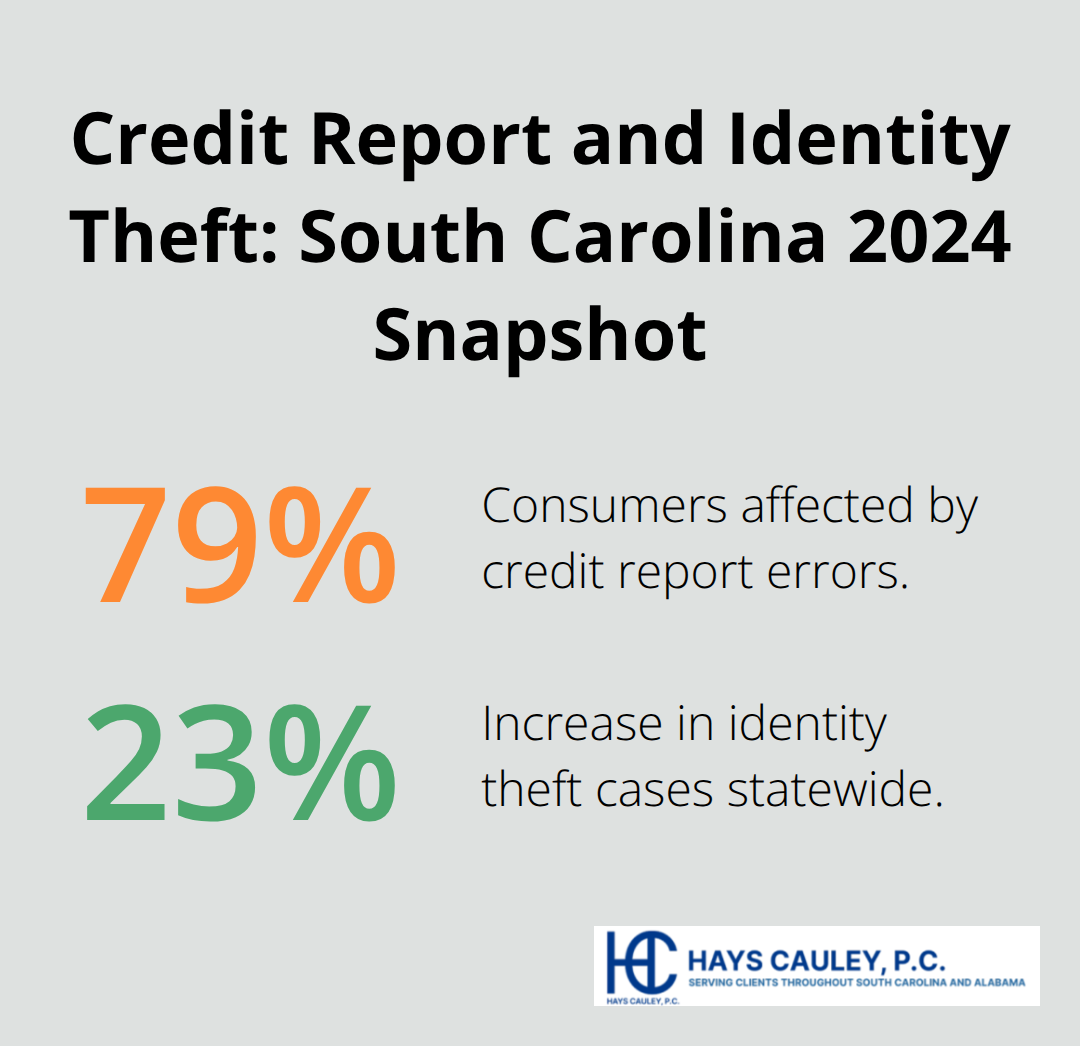 Two-key-stat chart showing 79% credit report error impact and 23% rise in identity theft in South Carolina for 2024 - consumer bill of rights