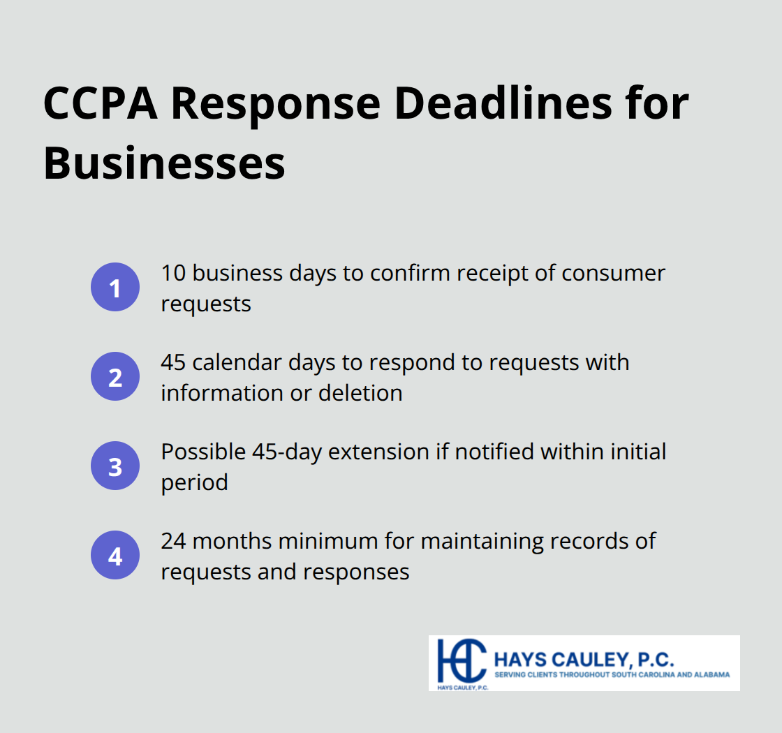 An ordered list compact chart showing key CCPA response deadlines for businesses, including confirmation of receipt, provision of information, and potential extensions. - consumer rights under ccpa