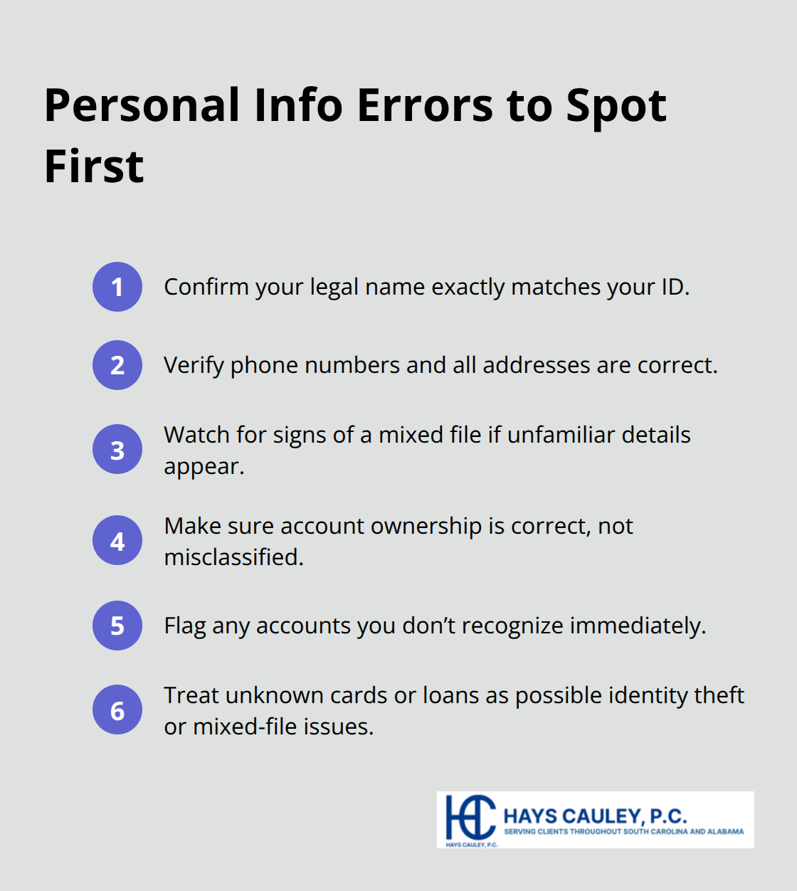 Checklist of common personal information mistakes to look for on your credit reports. - Correct credit report errors