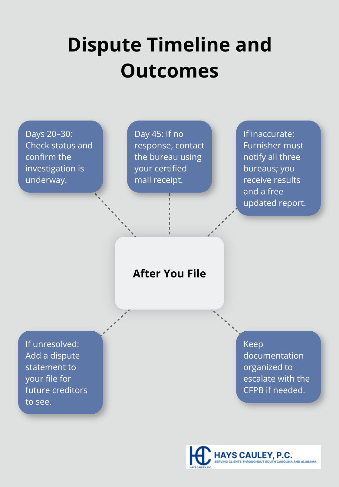 Hub-and-spoke diagram showing when to check status, when to follow up, and possible dispute results.