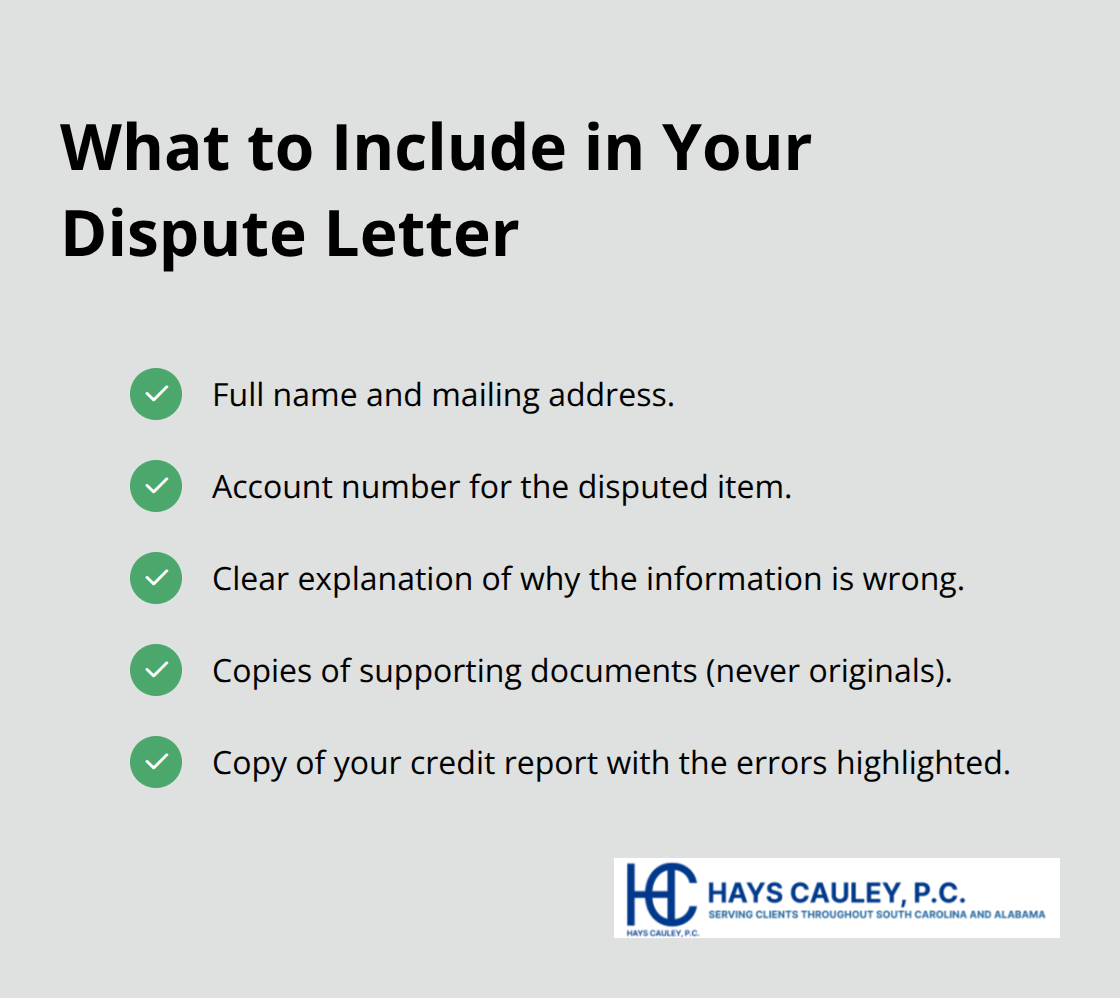 Checklist of required items to include in a credit report dispute letter.