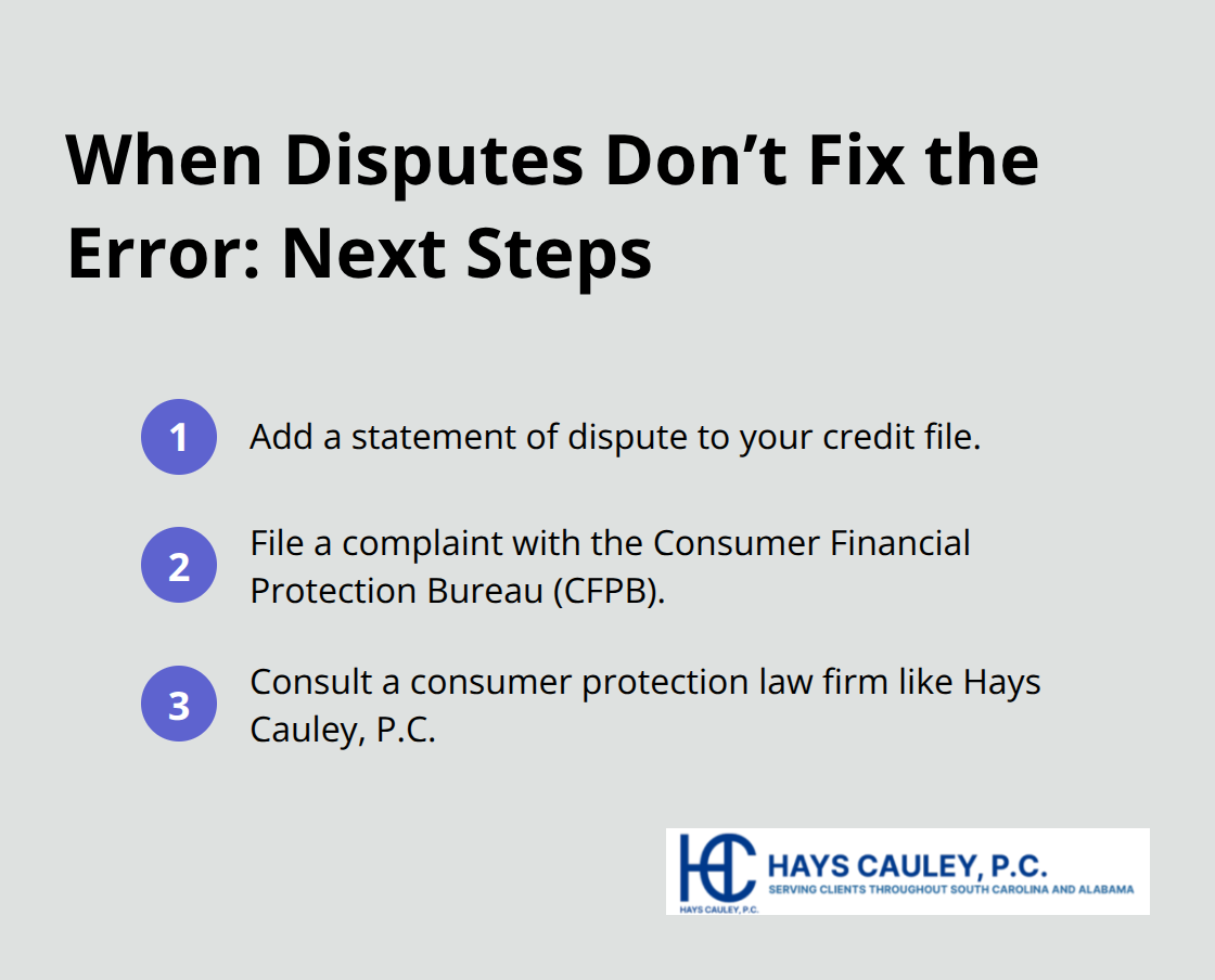 Compact list of escalation steps when credit report disputes fail. - Credit bureaus reporting errors