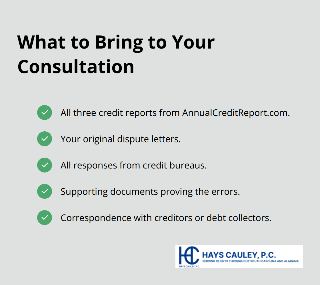 Checklist of documents to bring to a South Carolina credit dispute attorney consultation. - Credit dispute lawyer SC
