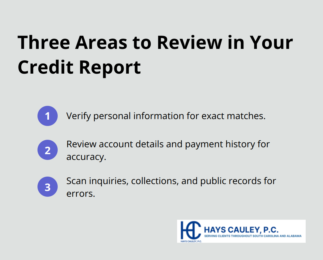 Compact list showing the three key sections to review on a credit report - credit report dispute process