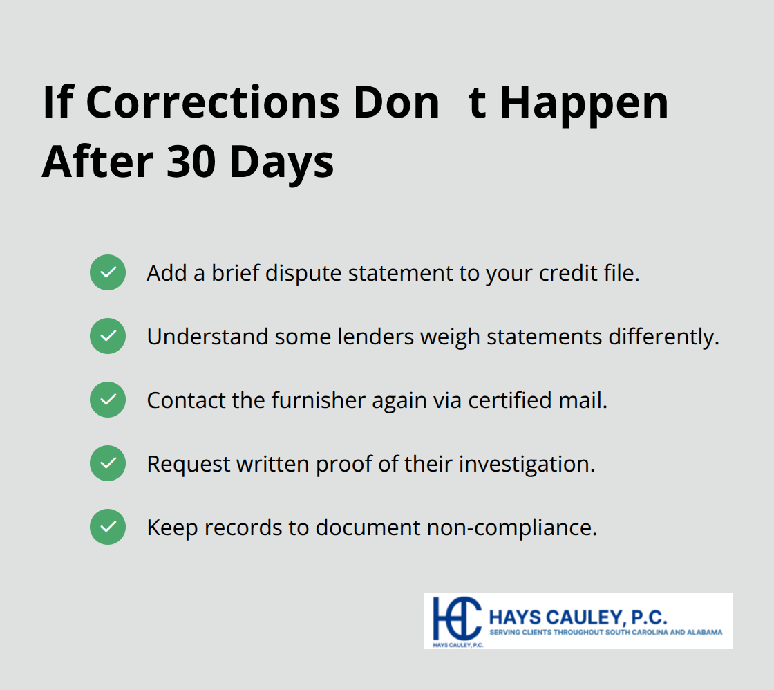 Checklist of actions to take when credit report errors persist after 30 days