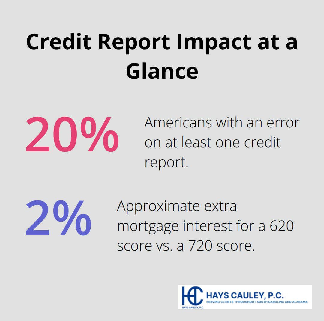 Percentages showing how common credit report errors are and how much extra mortgage interest a lower score can cost.
