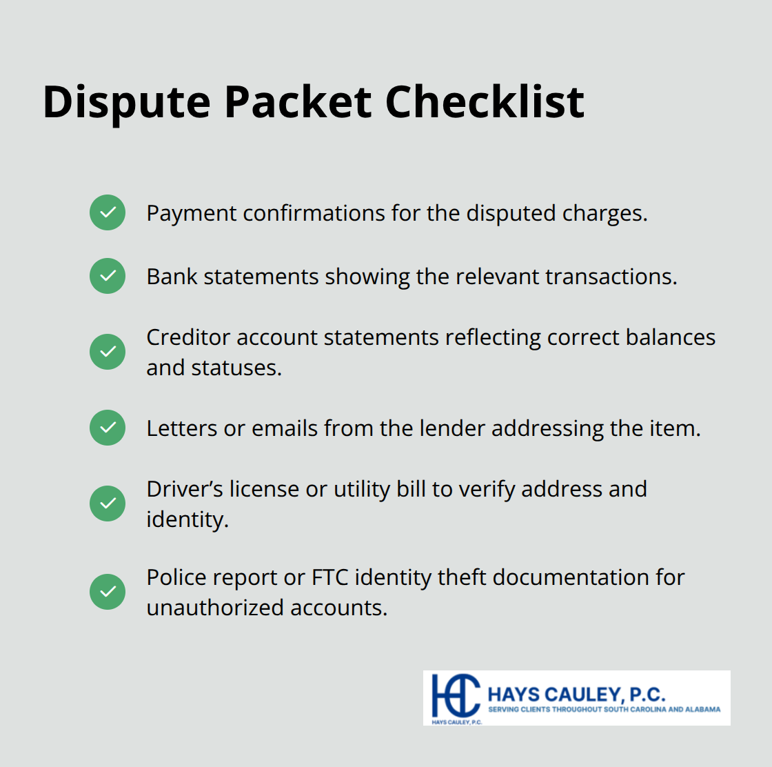Checklist of documents to include in a credit report dispute packet. - credit report dispute rights