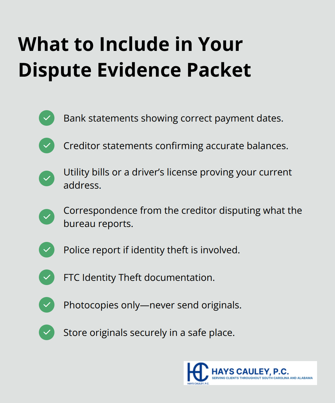 Checklist of documents to include when assembling a credit report dispute evidence packet. - Credit report dispute rights