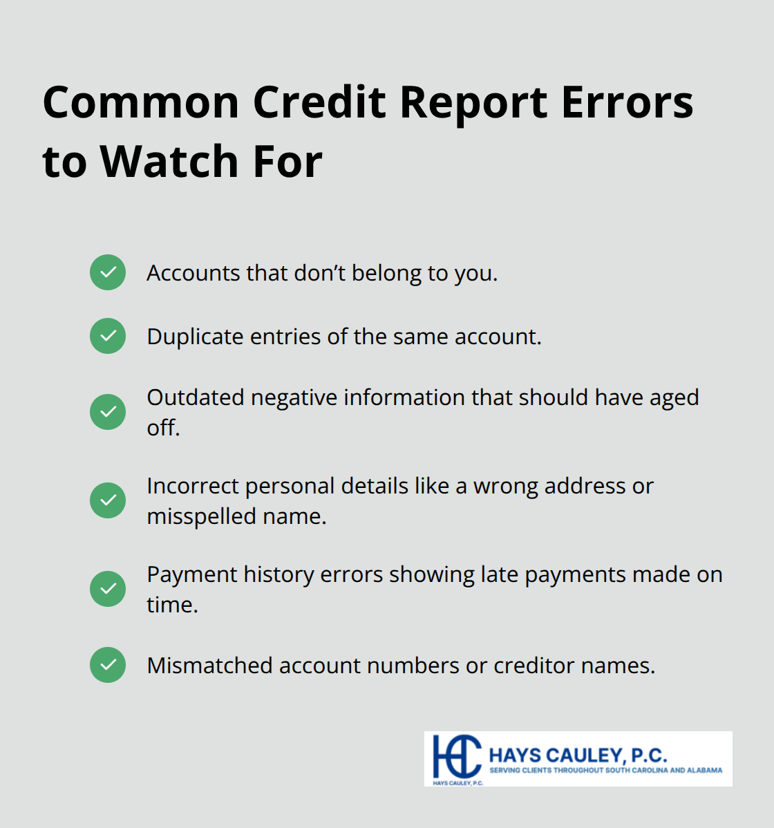 Checklist of frequent credit report mistakes consumers should review and dispute.