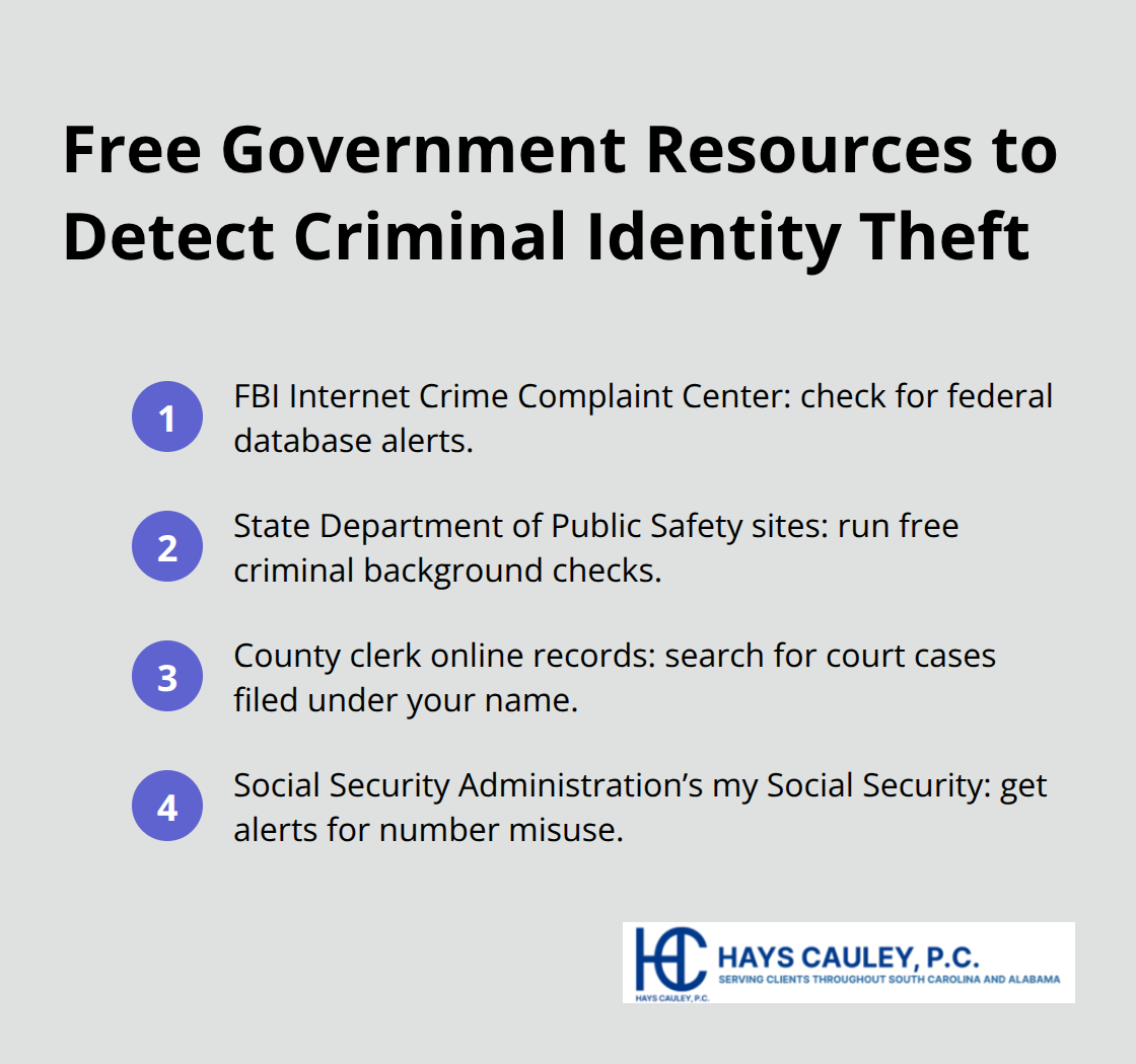 Compact list of U.S. government resources for detecting criminal identity theft.