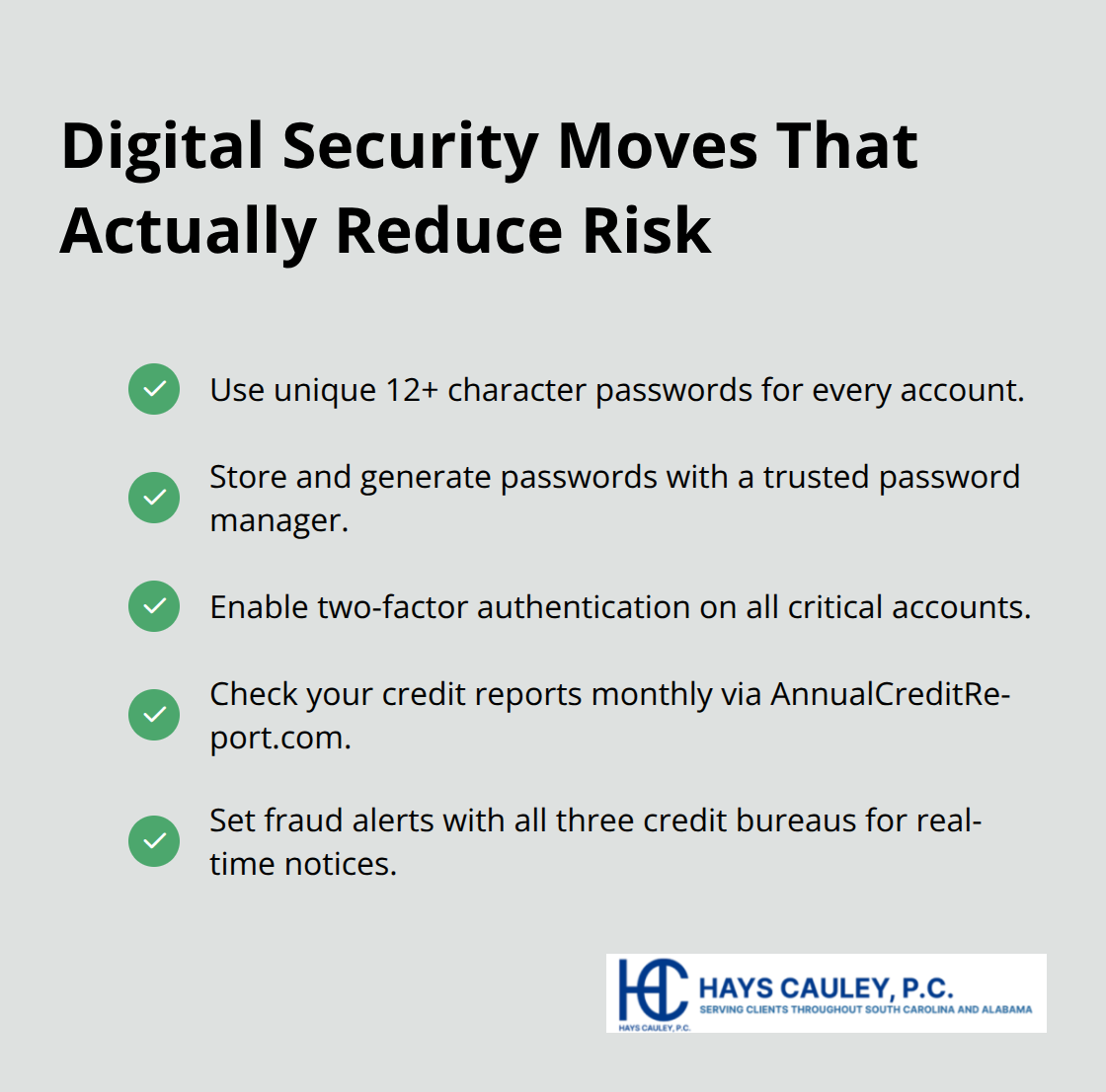 Checklist of practical digital security steps to prevent criminal identity theft.