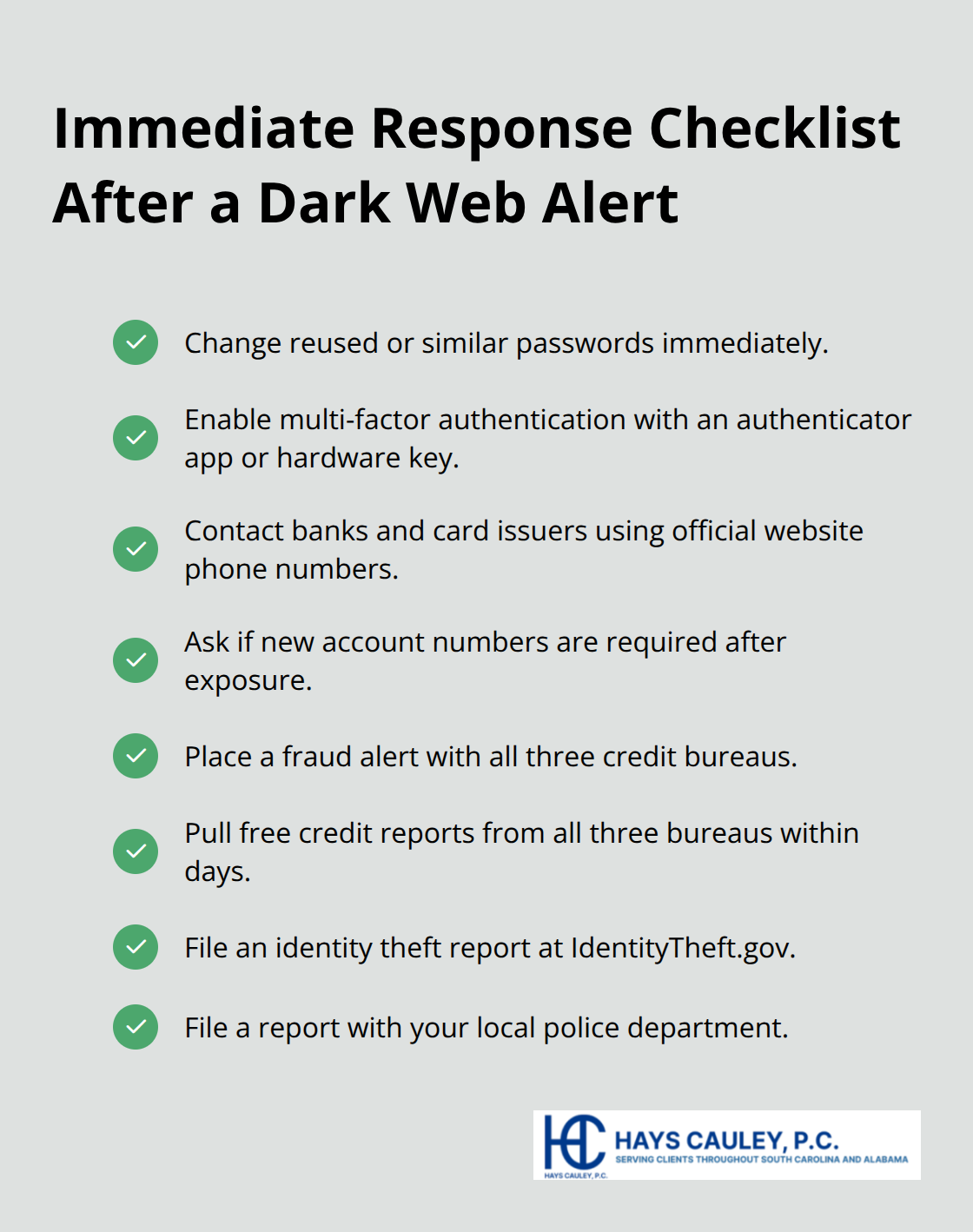 Checkmark list of urgent actions to take when your personal data appears on the dark web.