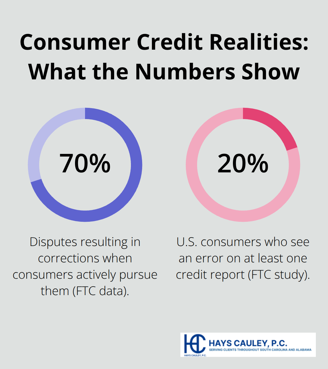 Infographic showing 70% dispute correction rate and 20% credit report error rate among U.S. consumers - Debt collection harassment SC