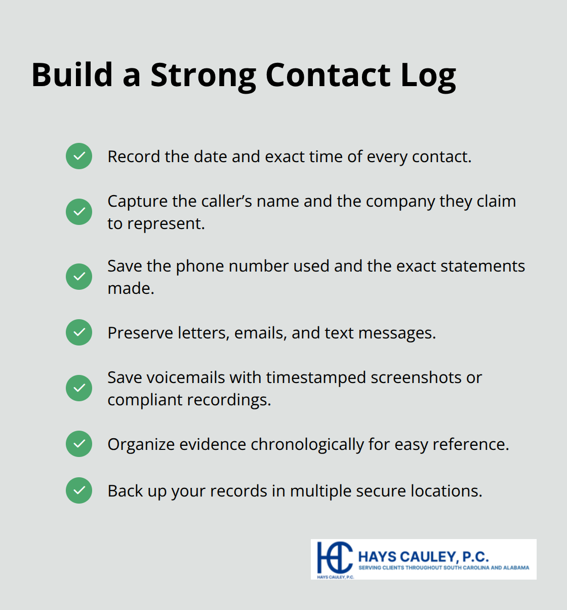 Checklist of items to record and save when documenting debt collector contact - Debt collection harassment SC
