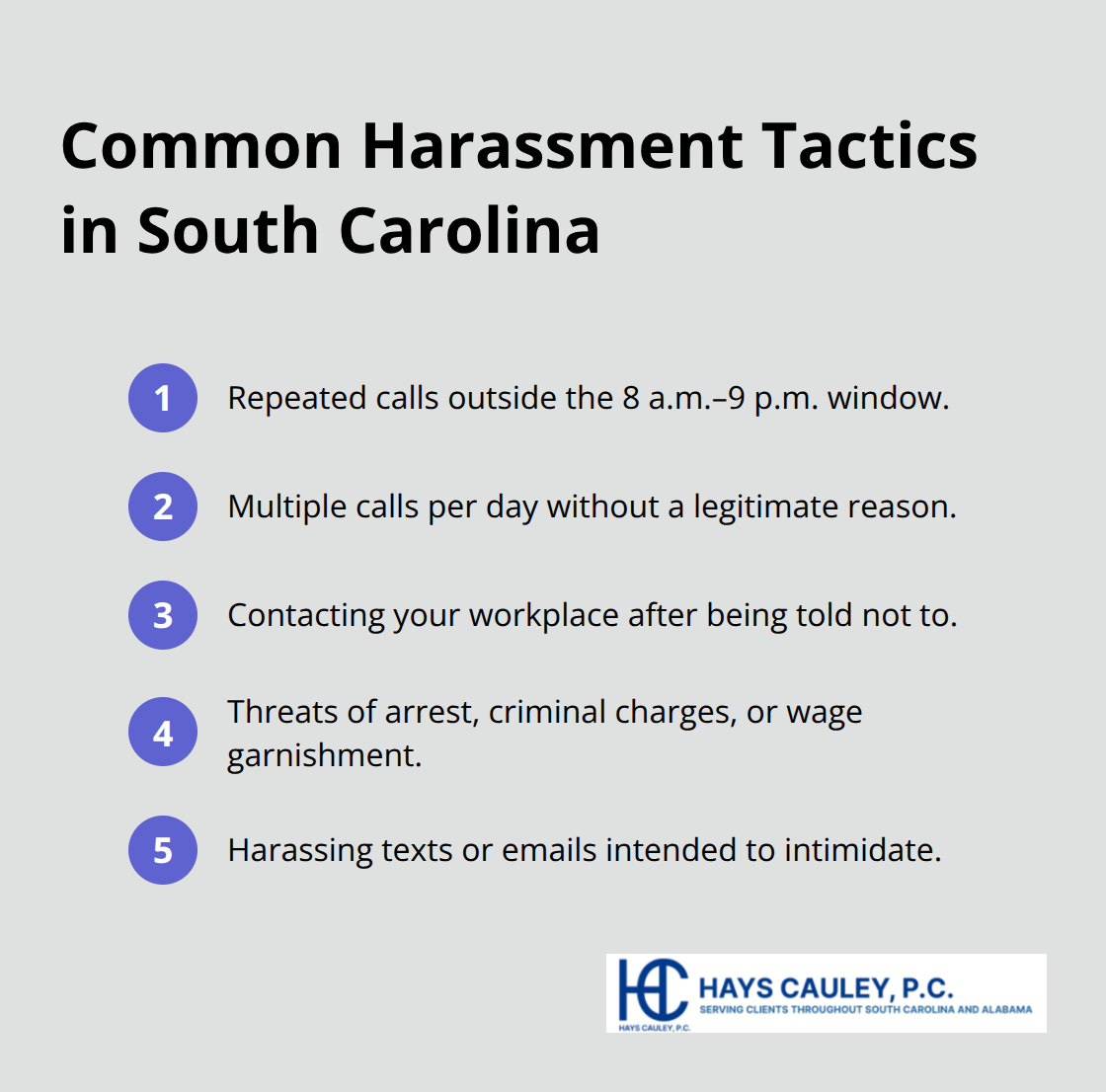 Compact list of frequent debt collector harassment tactics consumers report in South Carolina