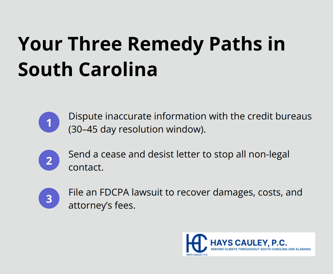 Compact list of the three main actions consumers can take after a debt collection violation in South Carolina.