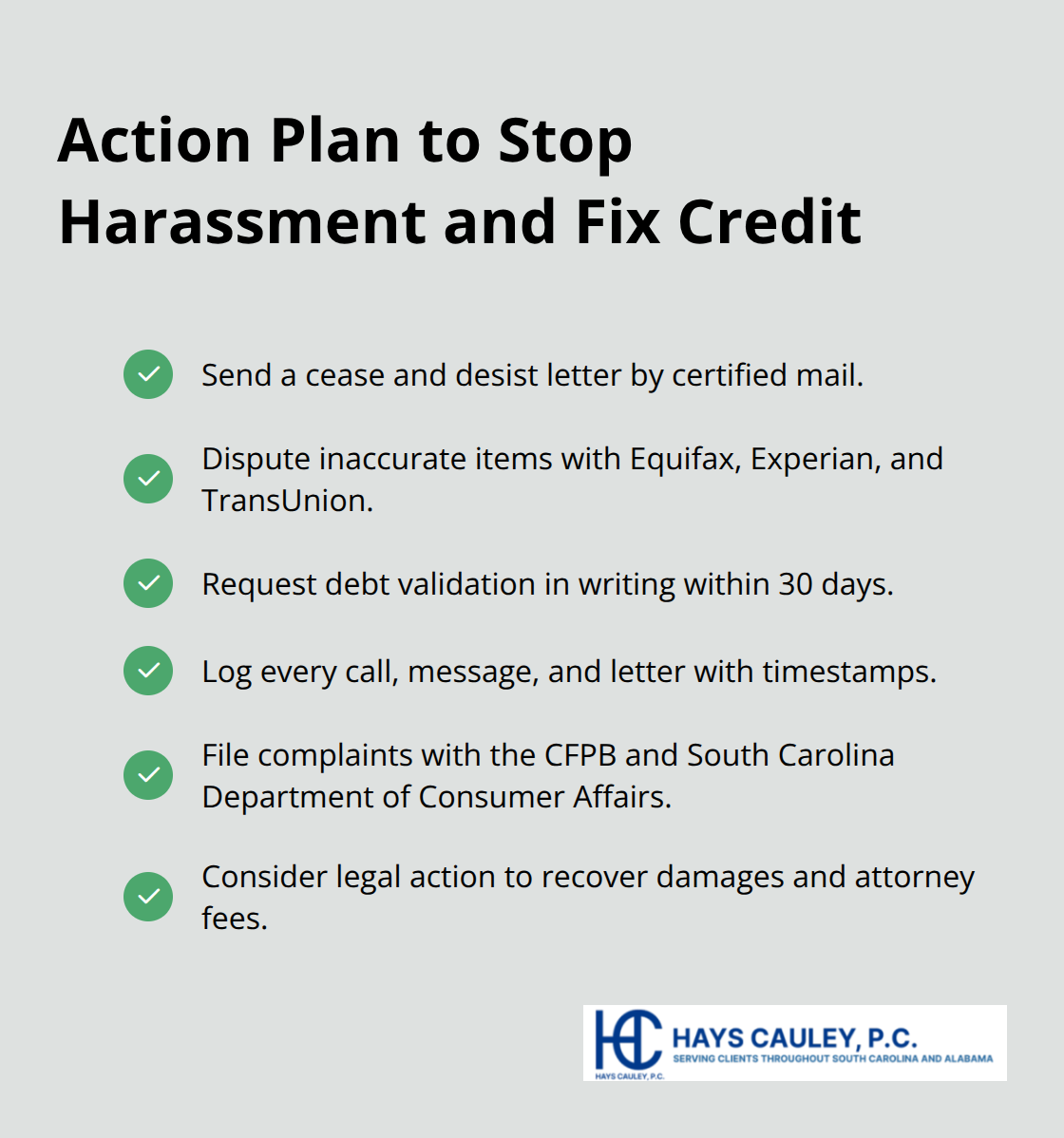 Checklist of concrete steps South Carolina consumers can take to stop debt harassment and repair credit - debt collection remedies SC