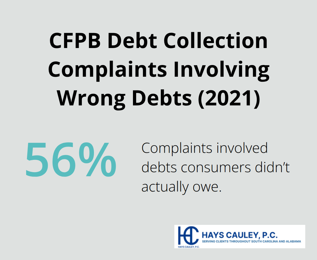 Chart showing that 56% of CFPB debt collection complaints in 2021 involved debts consumers did not actually owe. - Debt collection rights SC