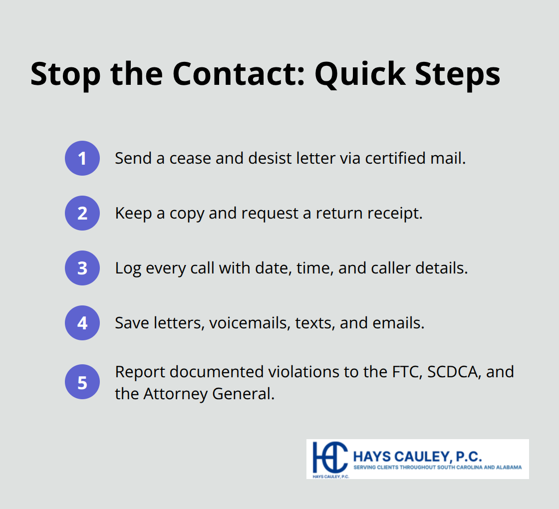 Compact checklist of steps to stop debt collector contact and build your record - Debt collector harassment SC