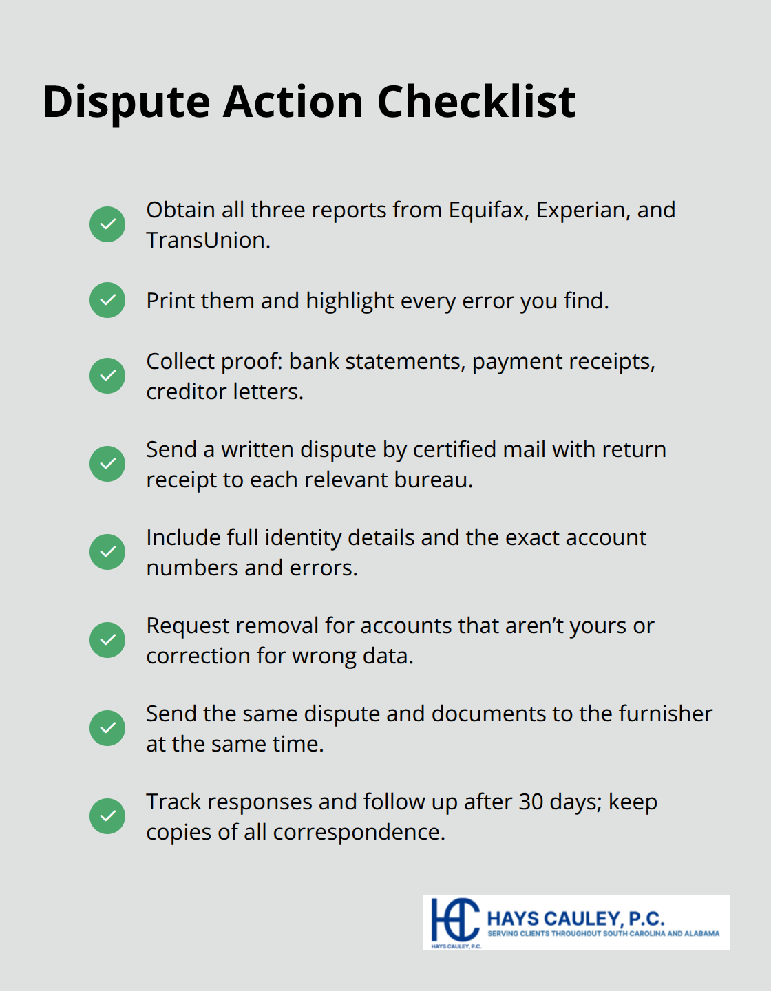 Checkmark list of practical steps to dispute and fix credit report errors - Dispute credit report rights