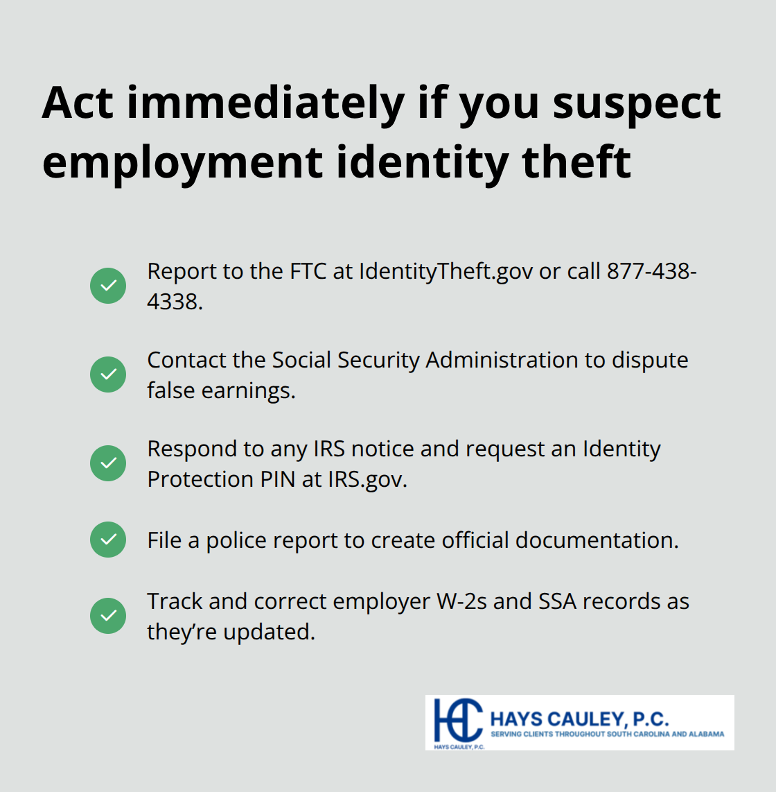 Checklist of urgent steps to take when employment identity theft is suspected