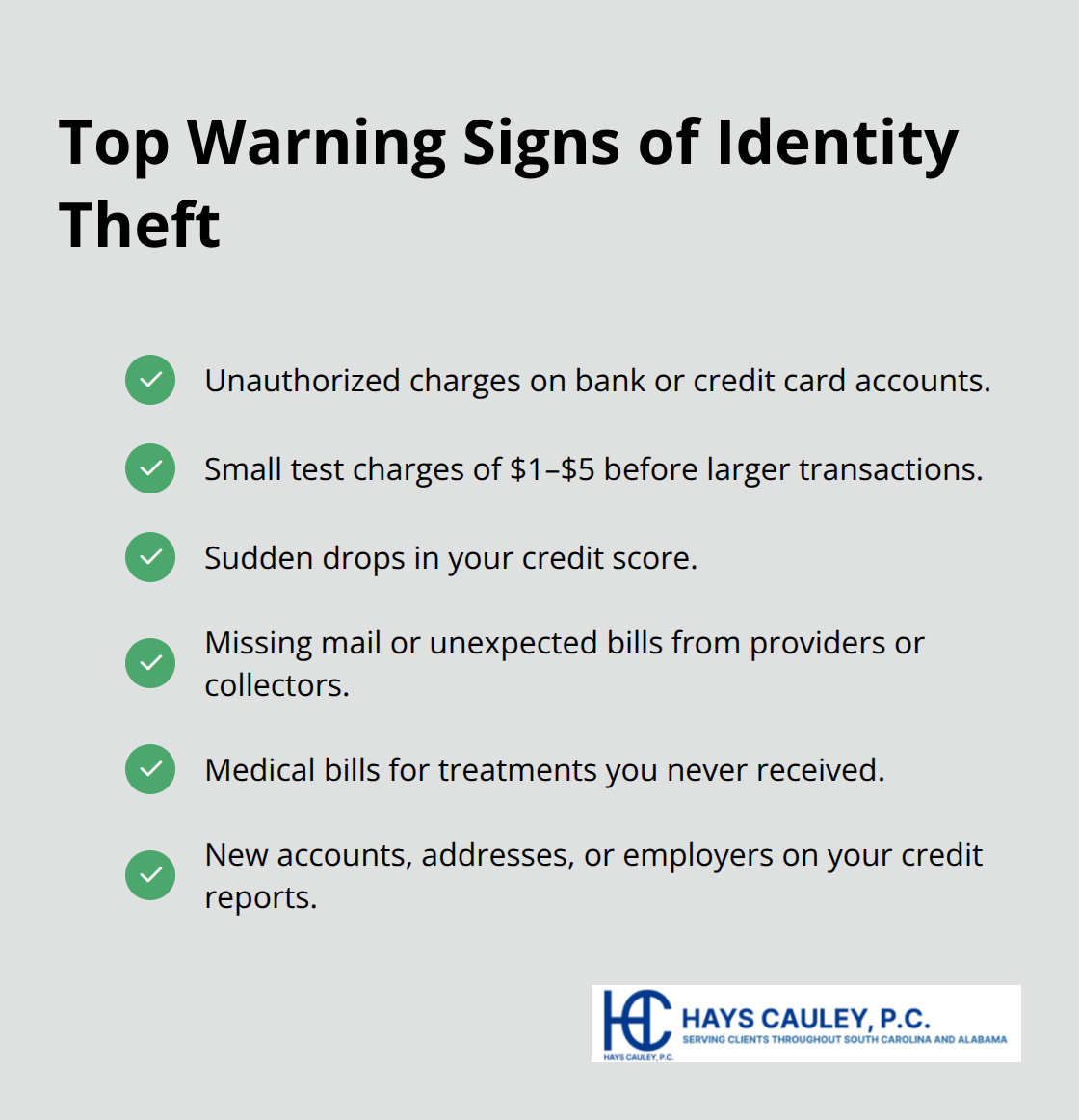 Checklist of common indicators that your identity may have been stolen. - examples of identity theft