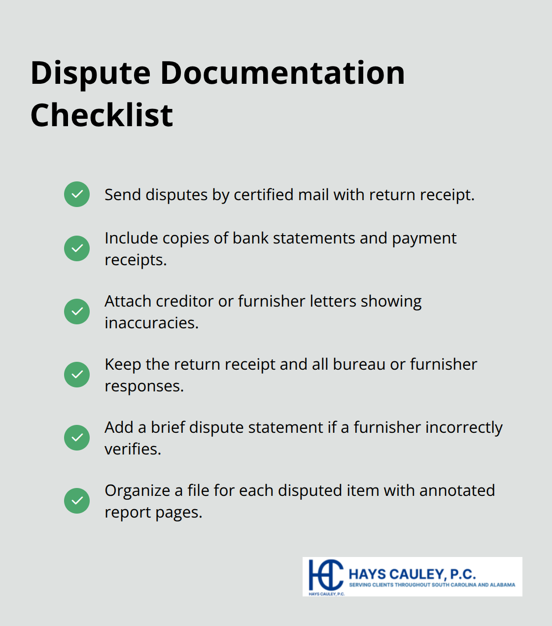 Checklist of documents and steps to prove credit report inaccuracies. - FCRA accuracy rights SC