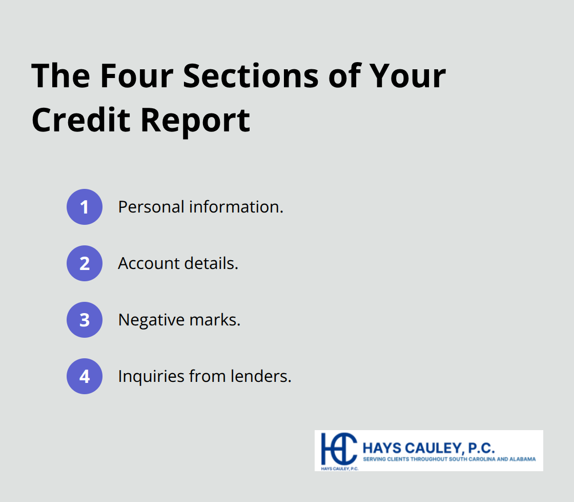Overview of the four sections: personal info, account details, negative marks, and inquiries. - FCRA data accuracy SC