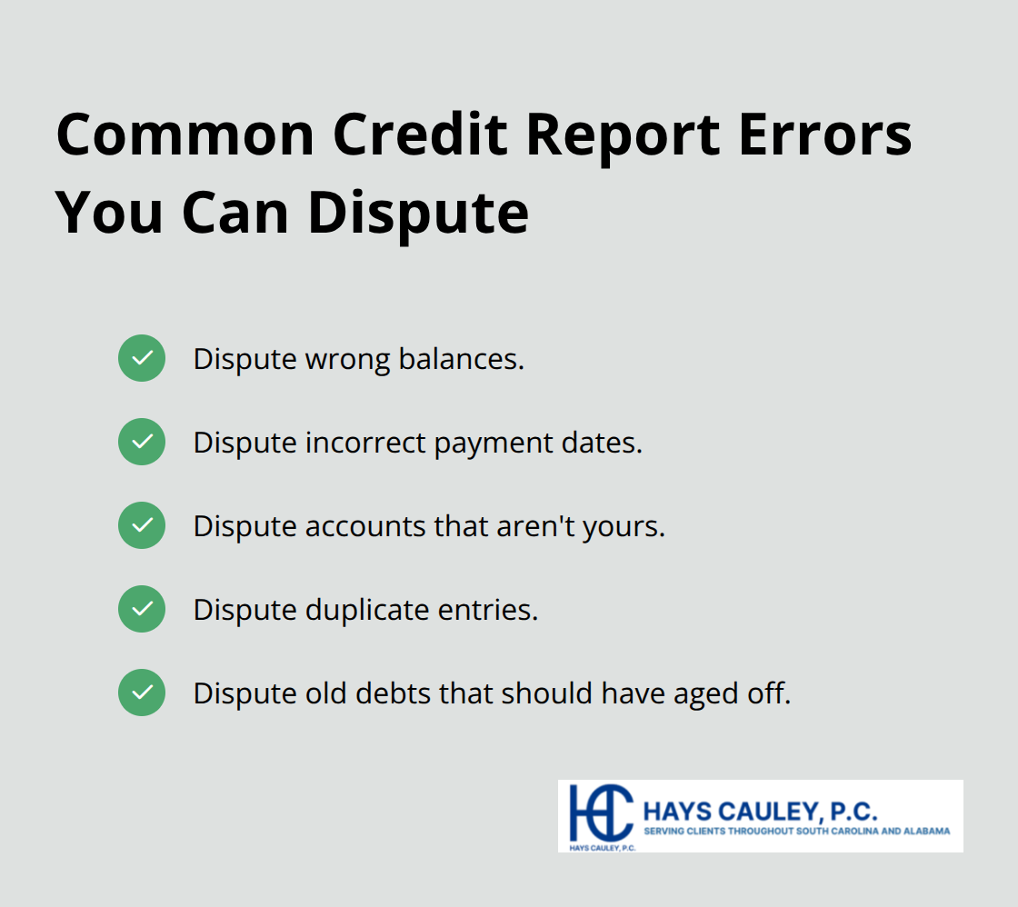 Checkmark list of common credit report errors consumers can challenge under the FCRA - FCRA dispute process