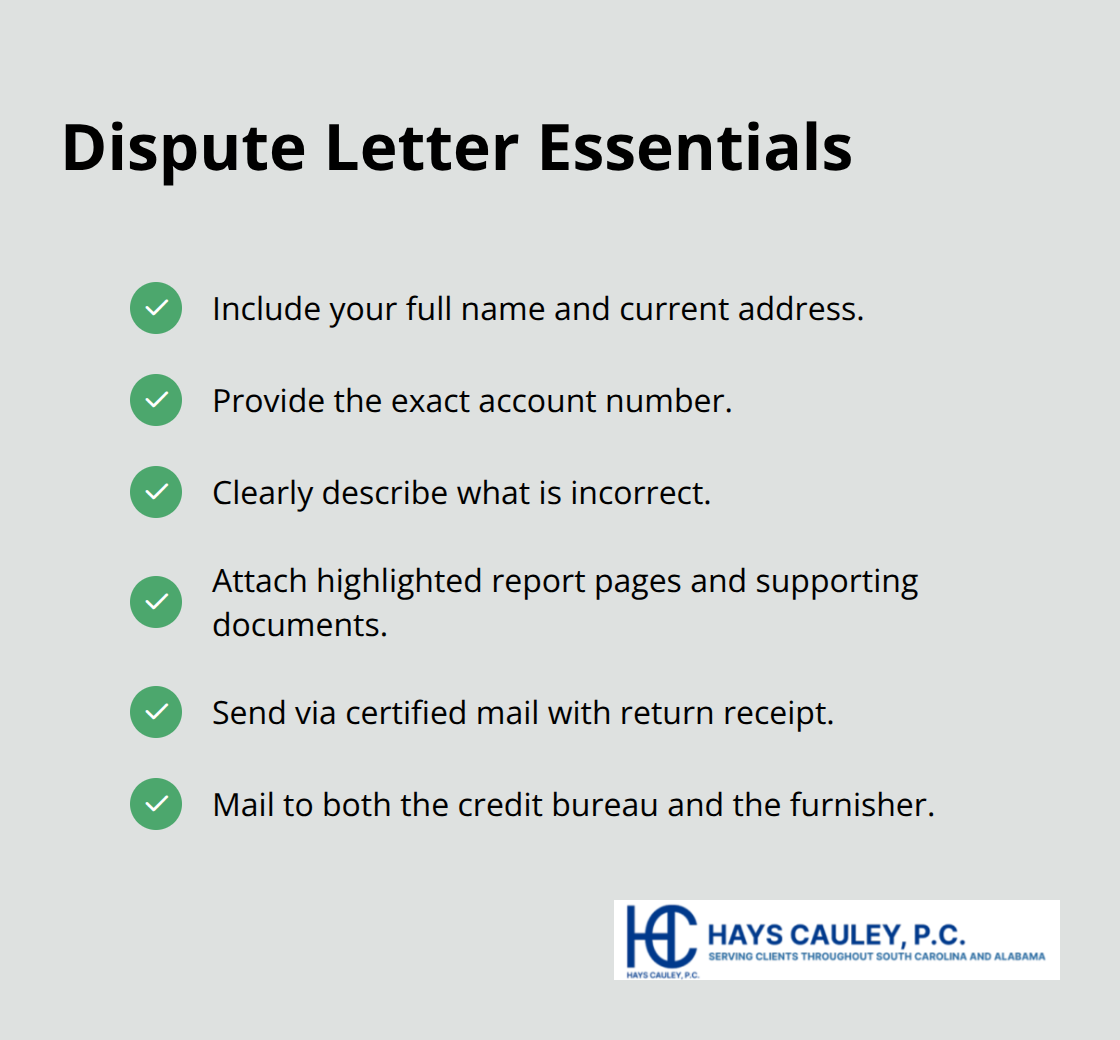 Checklist of the key elements to include in a credit report dispute letter and how to send it. - FCRA rights South Carolina