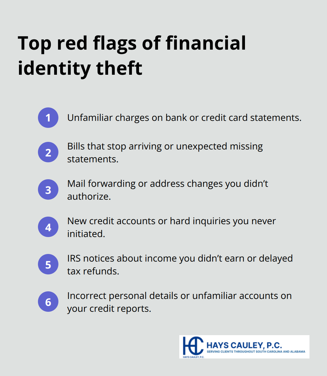 Compact checklist of warning signs that your financial identity may be compromised. - financial identity theft