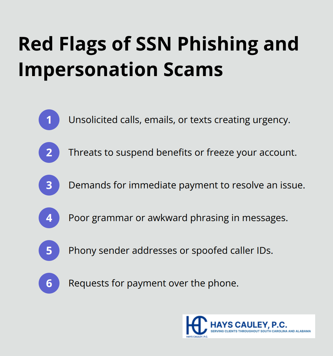 Compact list of common warning signs of SSN phishing and impersonation scams - how does social security identity theft occur