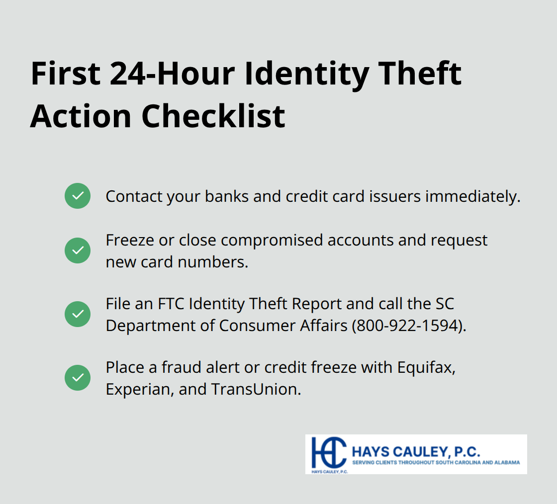 Checklist of immediate steps to take within the first 24 hours after discovering identity theft. - identity theft and how to protect yourself