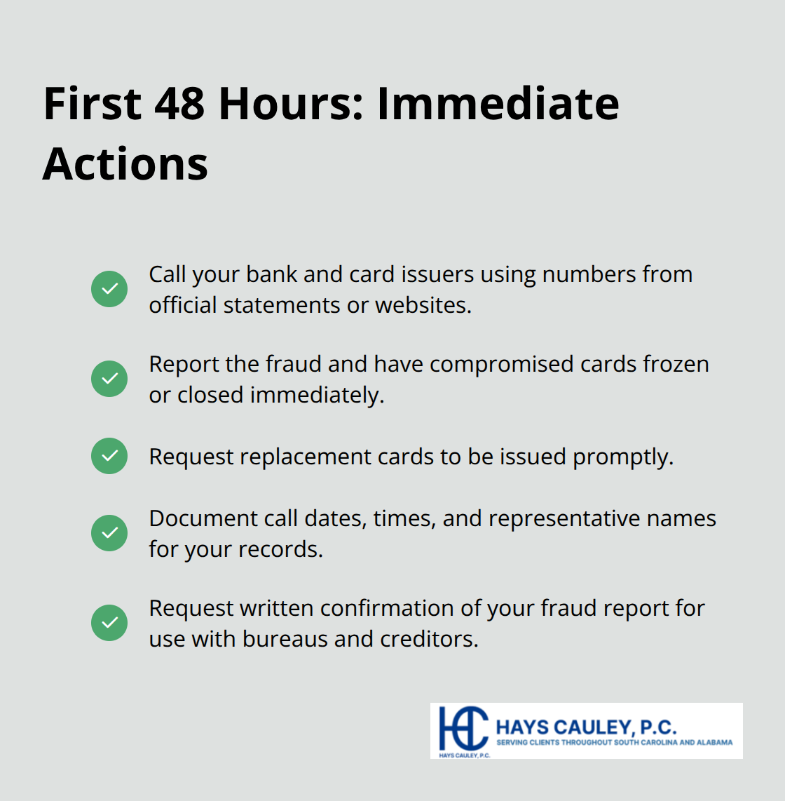 Checklist of immediate steps to take within 48 hours of discovering identity theft - identity theft articles