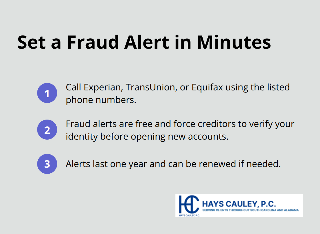 Compact list showing how and why to place a fraud alert with credit bureaus