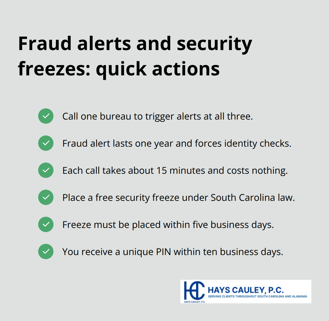 Checklist of immediate credit alert and freeze steps with timelines - Identity theft attorney nearby