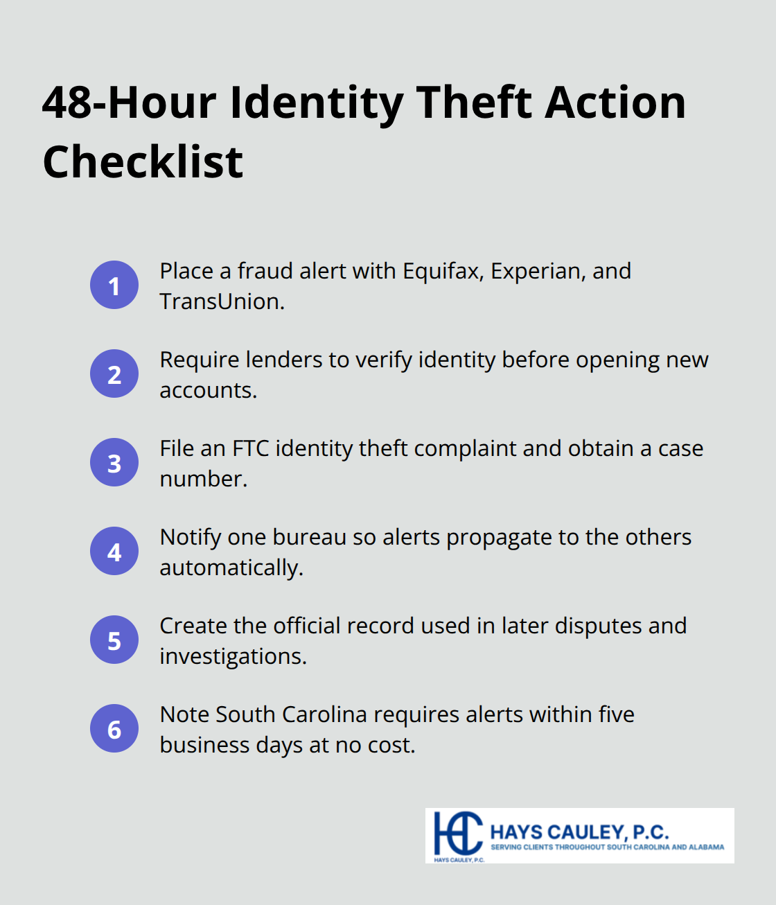 Quick steps to take in the first 48 hours after identity theft is discovered. - Identity theft attorney SC
