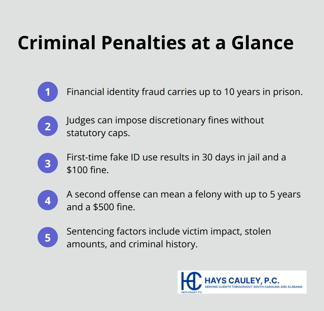 Summary of prison terms and fines for South Carolina identity theft convictions - identity theft charges