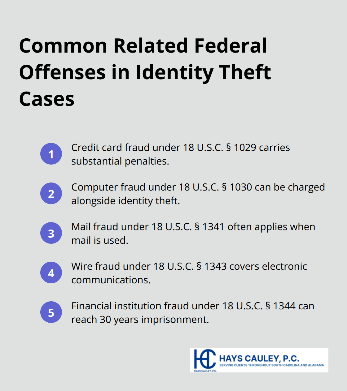 Compact list of federal charges frequently paired with identity theft