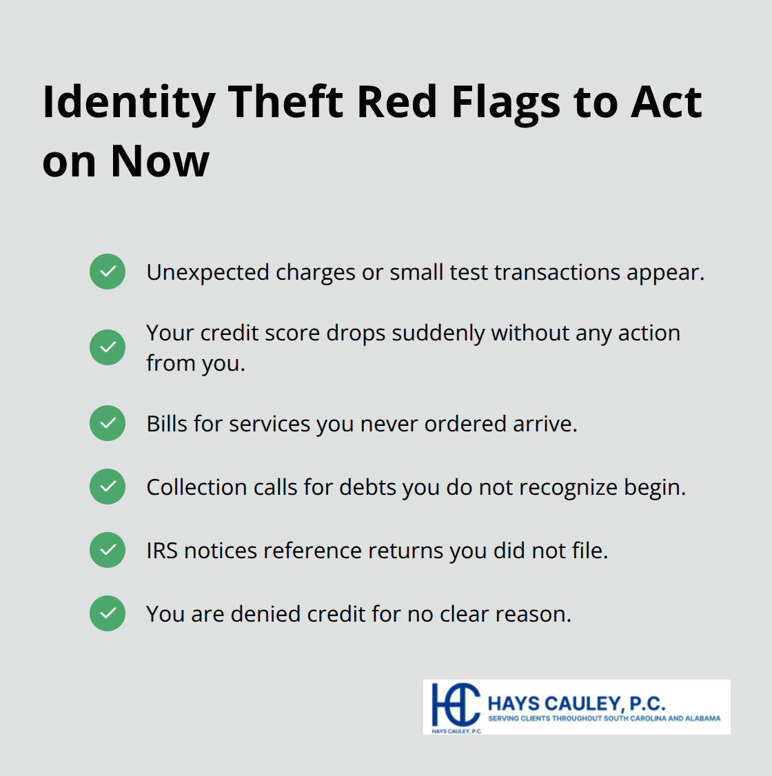 Checklist of common identity theft warning signs that require immediate action. - identity theft defense attorney