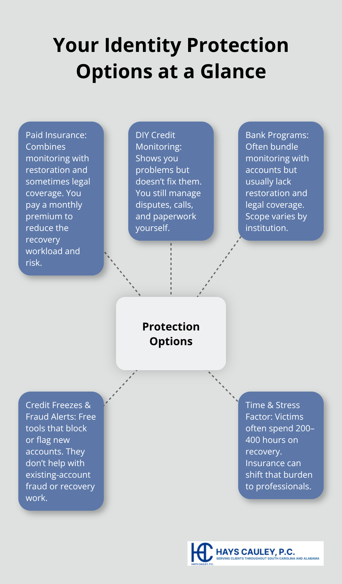 Hub-and-spoke diagram showing paid insurance, DIY monitoring, bank programs, and credit freezes or fraud alerts - identity theft insurance cost