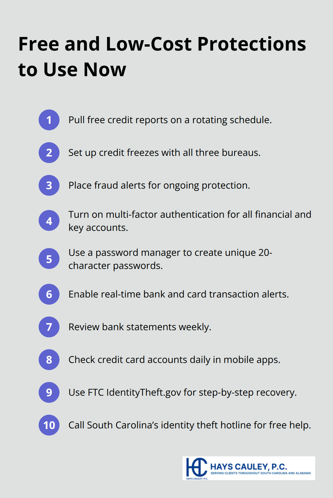 Compact checklist of free and low-cost identity theft protections for South Carolina residents - identity theft monitoring