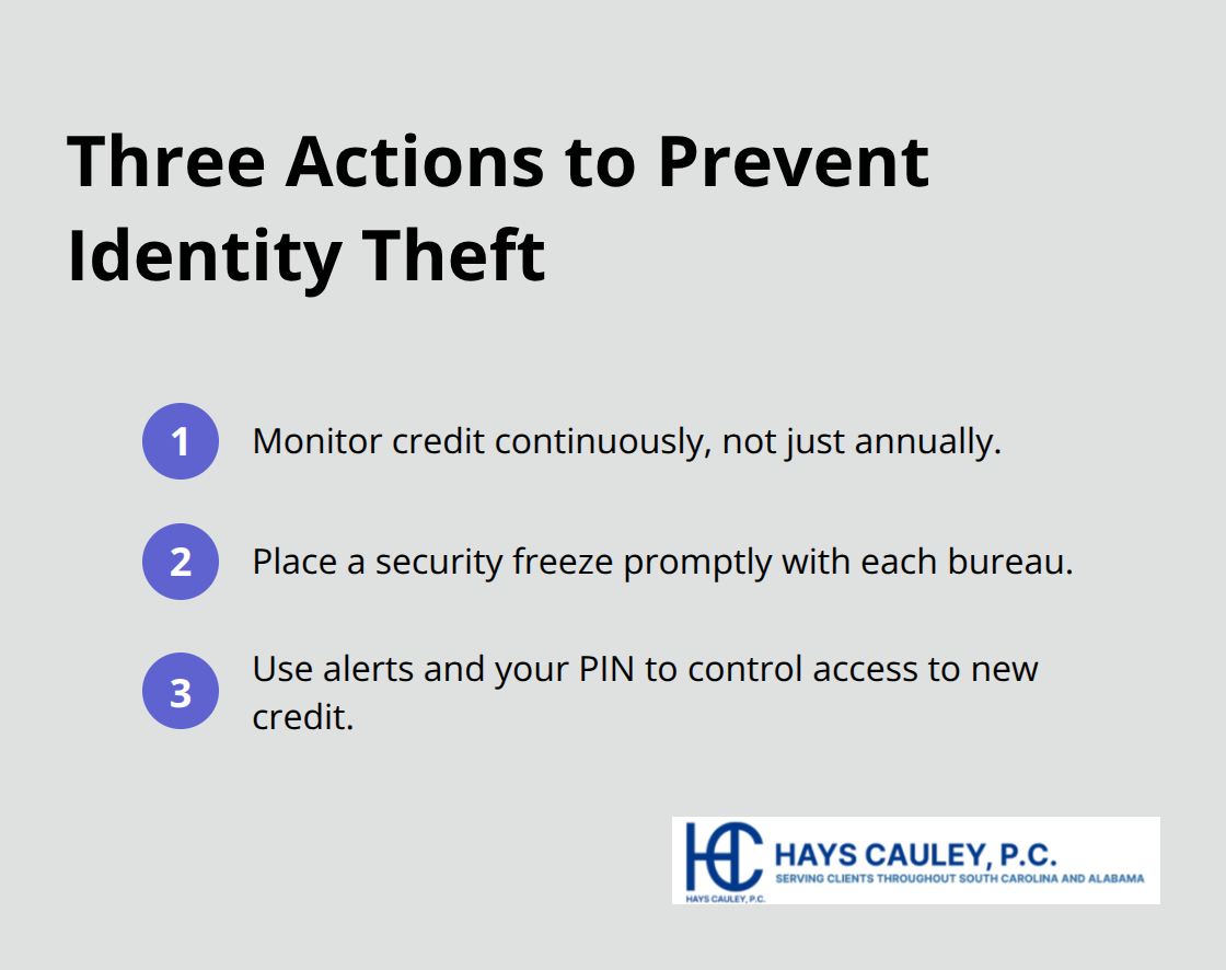 Compact list summarizing three core identity theft prevention steps - Identity theft prevention SC